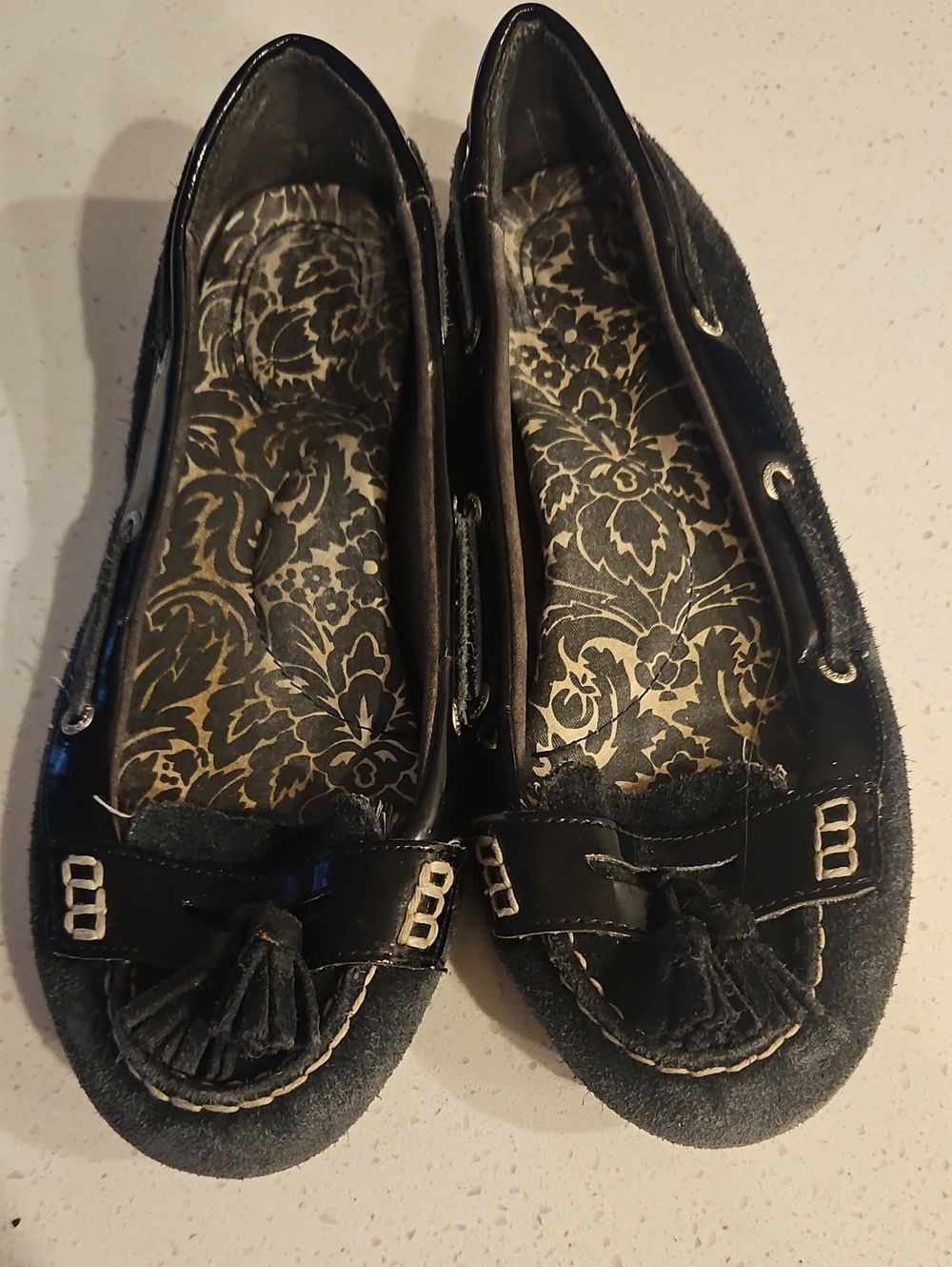 Sperry Black Suede Tassel Loafers with Floral Insole
